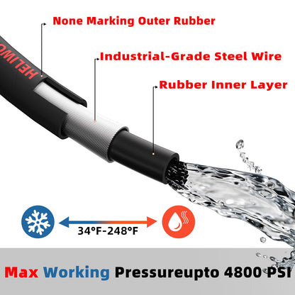 Heliwoo 4800 PSI Pressure Washer Hose 50FT, 3/8'' Steel Wire Braided Kink Resistant Power Washing Extension Hose for Cold & Hot Water Max 248°F, Qucik Connect Ends, Black and Blue