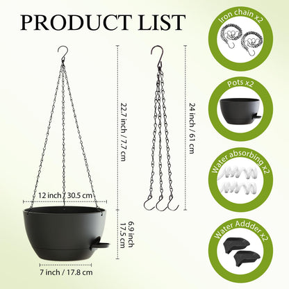 SQKH 12 Inch Hanging Baskets 2 PC with Chains, Self-Watering Hanging Planters for Indoor Outdoor Plants, Plastic Hanging Flower Pots,Black