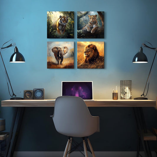Wild Animal Lion Wall Art Wildlife Safari Wall Decor for Nursery Vintage African Elephant Canvas Pictures Tiger Panther Posters Jungle Forest Animals Paintings Artwork Living Room Decoration 12x12" 4P