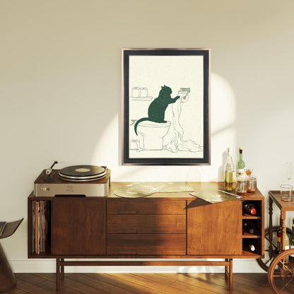 Framed Funny Cat Bathroom Wall Art Minimal Black Cat Toilet Paper Sketch Line Drawing Canvas Print Humorous Decor for Bathroom Guest Toilet Ready to Hang 12inx16in