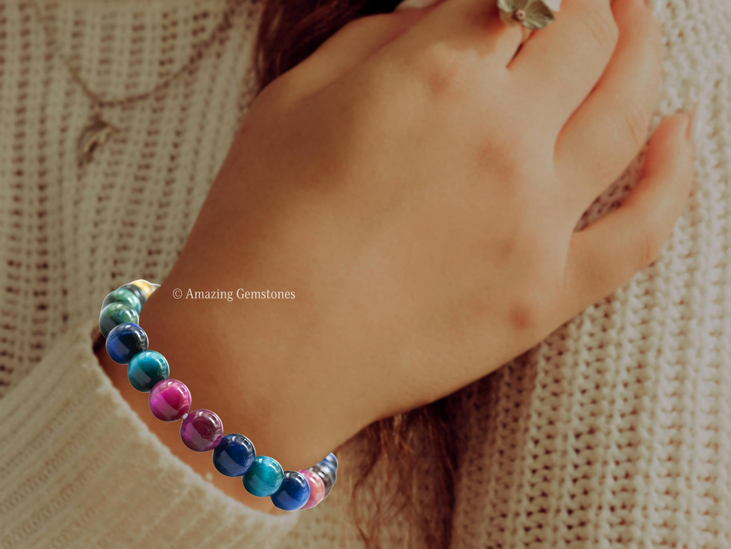 Amazing Gemstone Crystal Bracelet for Women Men's Gifts - Protection Healing Crystal Bracelet - 8mm Gemstone Beaded Stretchable Bracelet Pulseras Para Hombres Mujer Stocking Stuffers Mothers Day Gift (Multi Cat's Eye)