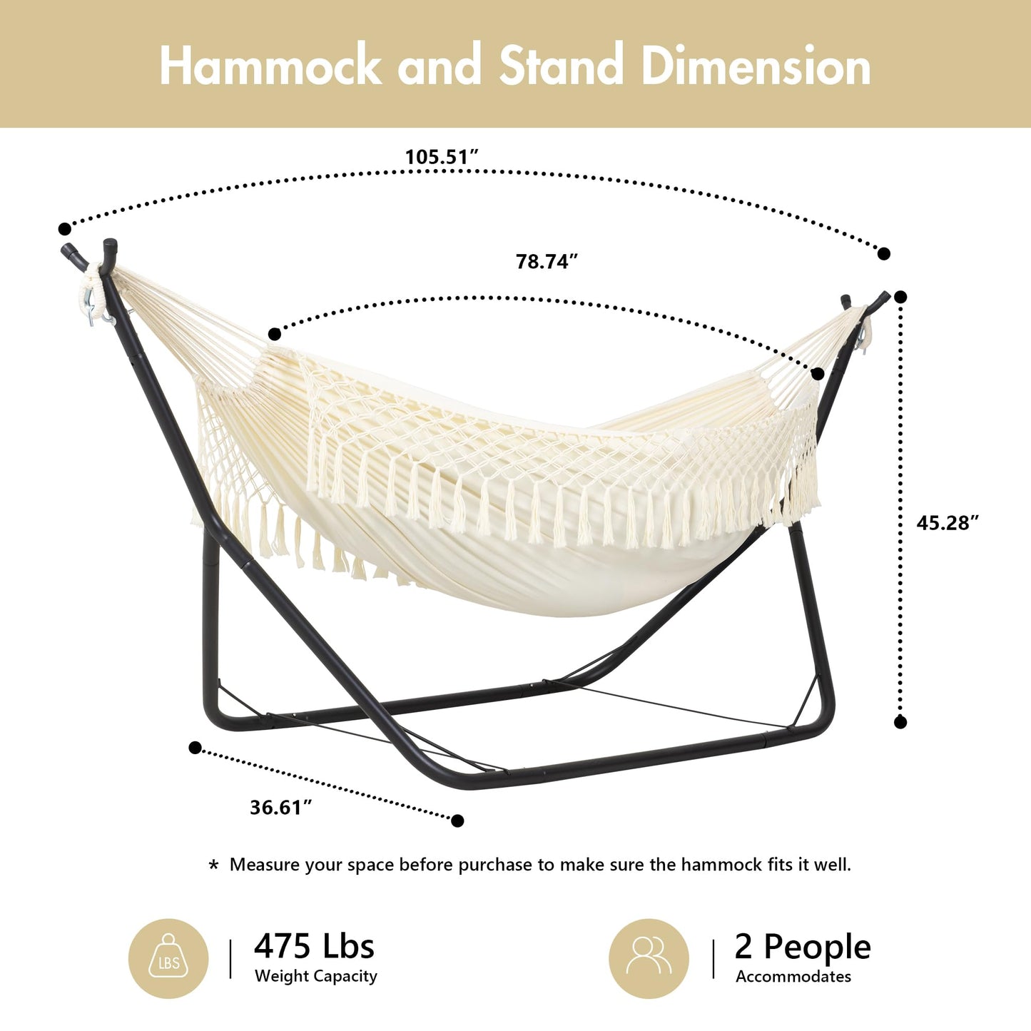 ANOW Outdoor Hammock with Stand Included, Space Saving Heavy-Duty Hammock Stand with Adjustable Height, 475 Lbs Capacity, Cream with Tassels