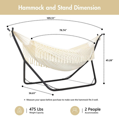ANOW Outdoor Hammock with Stand Included, Space Saving Heavy-Duty Hammock Stand with Adjustable Height, 475 Lbs Capacity, Cream with Tassels