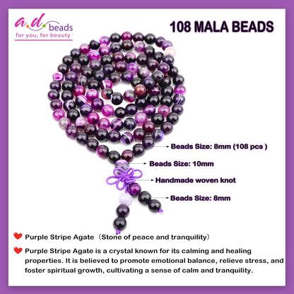 AD Beads 8mm 108 Prayer Mala Purple Stripe Agate Elastic Bracelet - Peace and Tranquility - Handmade Yoga Meditation Healing Power Energy Gifts for Unisex Adult.