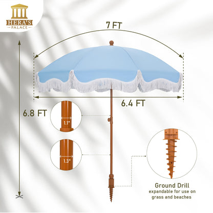 HERA'S PALACE 7 ft Heavy Duty Beach Umbrella with Sand Anchor, Fringe Umbrella for Sand, UV 50+, Patio Umbrella with Tilt Pole for Garden Pool Backyard