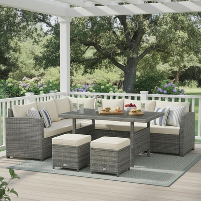 Tangkula 7 Pieces Patio Furniture Set, Outdoor Sectional Rattan Dining Sofa Set with Cushions, All Weather Wicker Conversation Couch Set with Dining Table & Ottomans for Yard Garden Poolside, White
