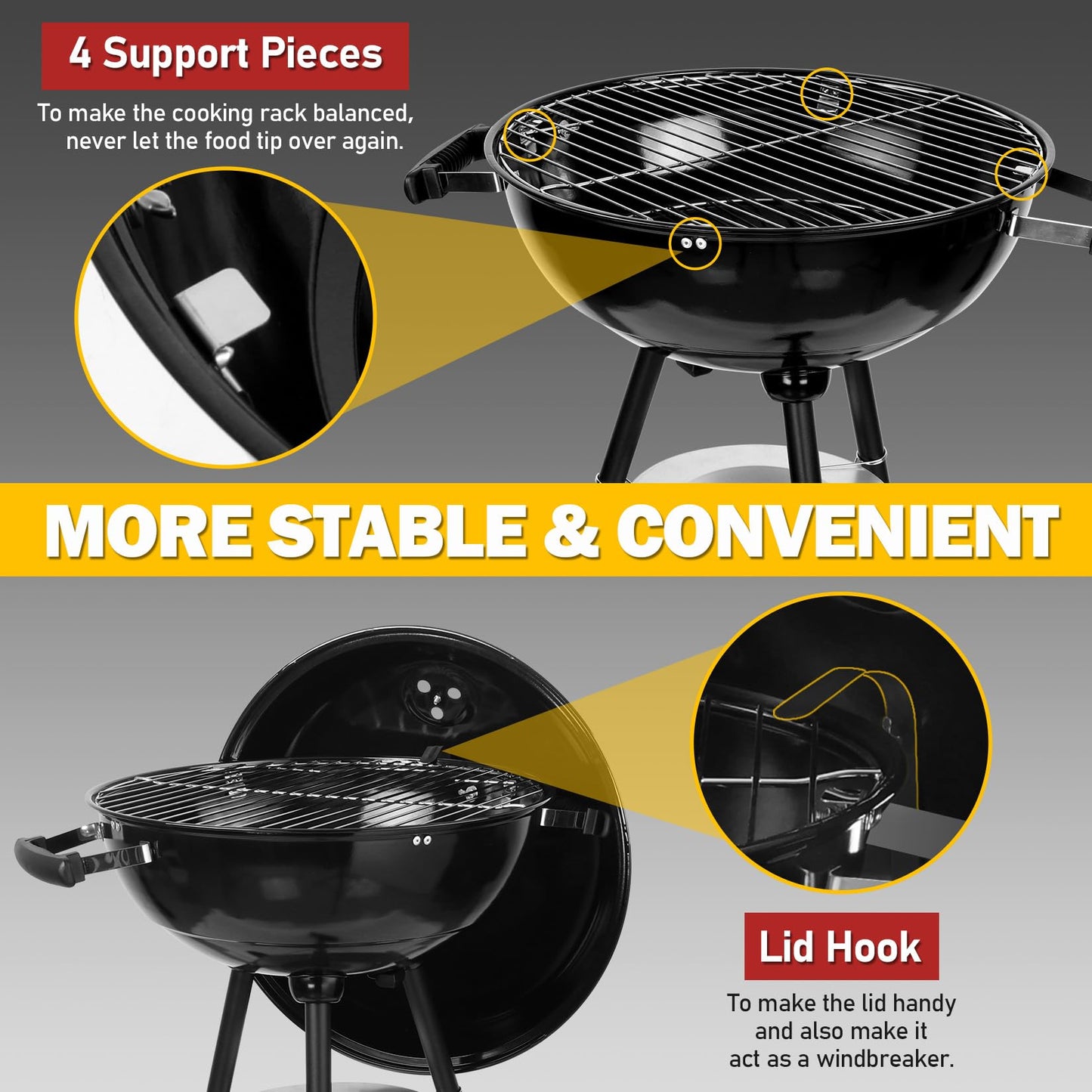 Joyfair Kettle Charcoal Grill (18 Inch), Outdoor Barbecue Grill for Camping/Backyard/Tabletop Grilling, Portable Round Smoker with Wheels, Enameled Lid & Fire Bowl, Dual Venting System, Black