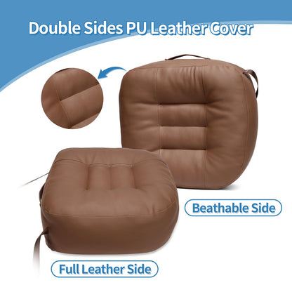 YOUFI Leather Seat Cushion Extra-Thick Booster for Office Chair to Rise Height - Full Filling for Support - with Breathable Cover, Handle and Buckle - Relieves Back Pain – 18"x16"x6" (Brown)