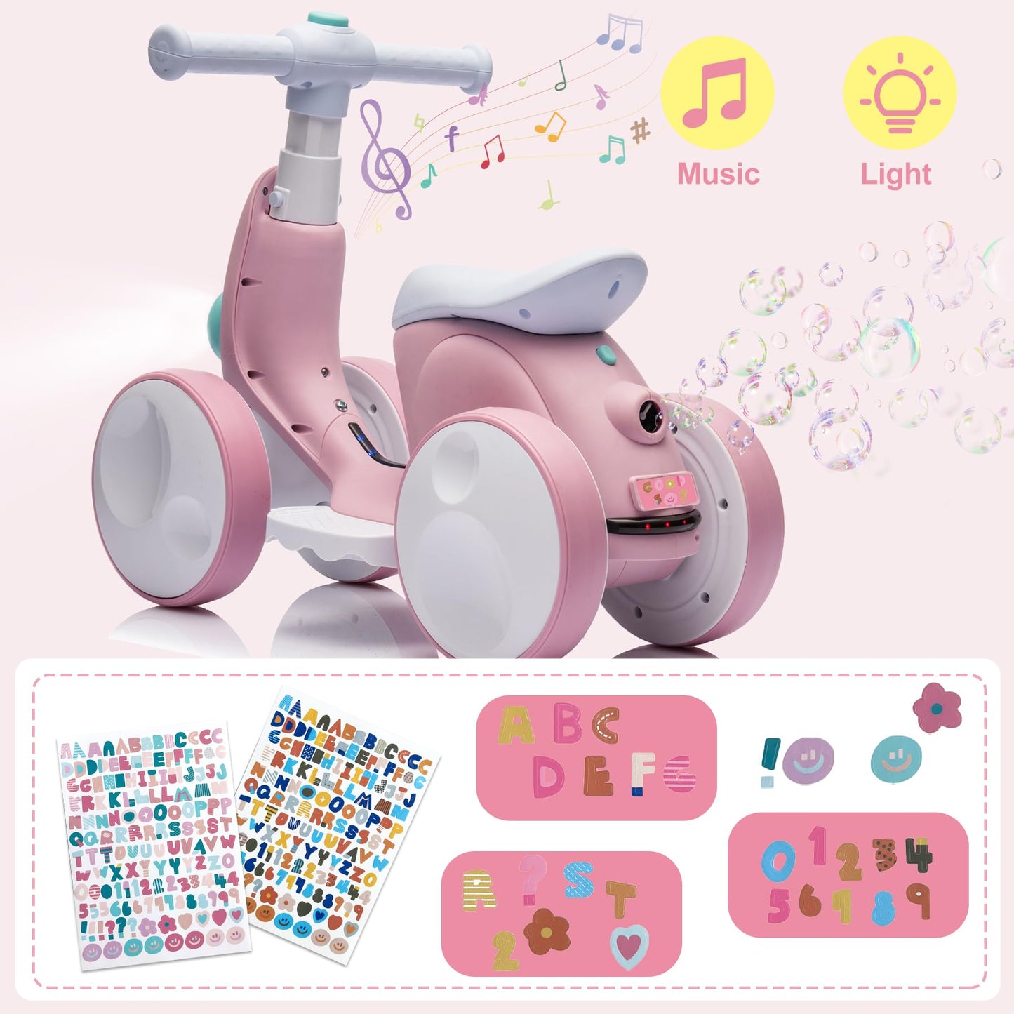 Electric Baby Balance Bike with Bubble Machine for 1 Year Old Boys Girls 4 in 1 Ride On Toys Toddler Balance Bike 12-48 Month Kids Bubble Bike First Birthday Gift with Powered Motor,Music,LED Lights