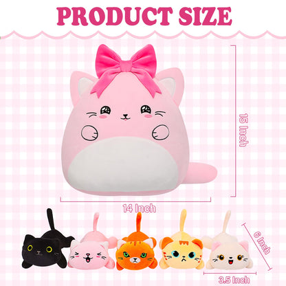 Cat with 5 babies Stuffed Animals - 15 Inch Cats Mommy with Small Babies Plush Inside 6-Piece Cute Realistic Cat Plushies Machine Wash Interactive Adopt Toy Toddler Girls Boys 0-8 Kids Birthdays Gift