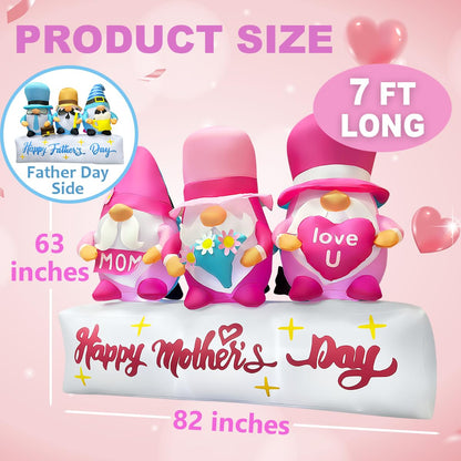 bbioc 7FT Long Inflatable Happy Mother's Day Decorations, Father's Day Inflatable Double Side Decorations, Three Gnomes Built-in LED Lighted Blow Up Decoration Home Yard Outdoor Indoor Decor