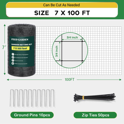 FEED GARDEN Heavy Duty Deer Netting - 7x100ft UV-Protected Garden Fence with 3/4" Fine Mesh - Includes 10 Stakes & 50 Zip Ties for Easy Installation