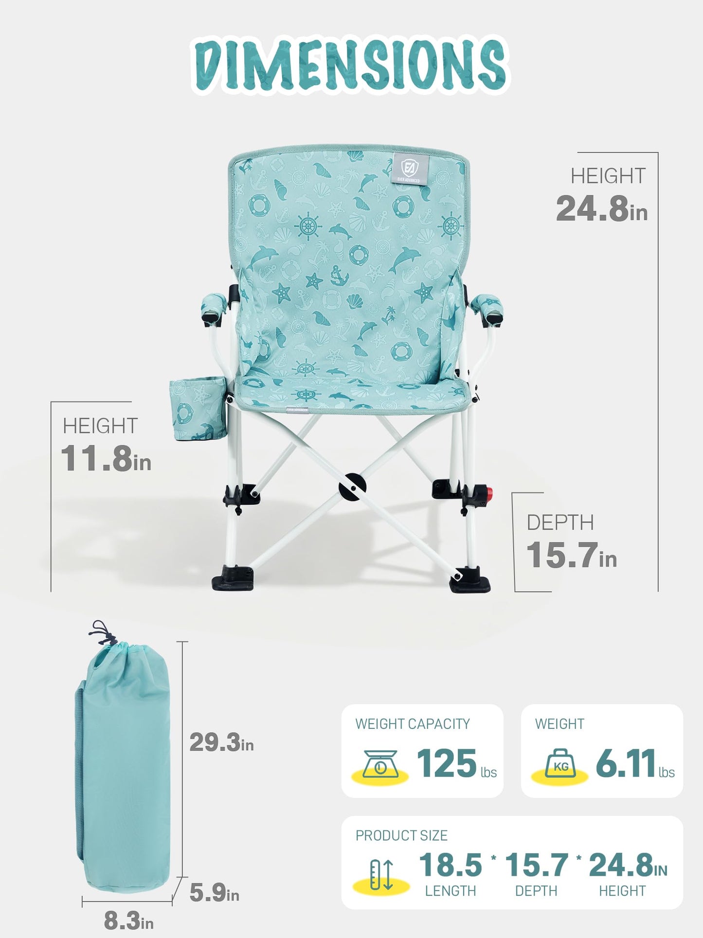 EVER ADVANCED Kids Camping Chairs with Cup Holder, Padded Folding Camping Chair Outdoor with Safety Lock, Carry Bag, Lightweight Portable Camp Chairs for Beach, Balcony, Patio, Supports 150lbs, Green