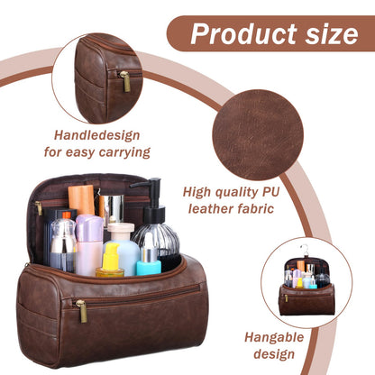 kenaeooe 4 Pcs Leather Toiletry Bag for Men Groomsmen Gifts Set with Hook Large Waterproof Travel Shaving Kit Vintage Cosmetic Bag for Father Boyfriend Anniversary