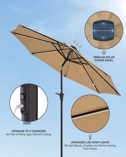 PEAKVONDER 7.5 ft Outdoor Patio Umbrella with Solar Lights - Small Heavy Duty Beach/Table/Pool/Deck/Market Umbrella, Dual Charging, Tilt, APP & Button Control, UV/Fade-Resistant, Tan HPU752T
