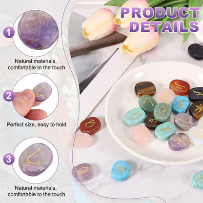 MECCANIXITY 4Pcs Engraved Chakra Stones with Reiki Symbols, Amethyst Reiki Healing Crystal Gemstone 7 Chakra Crystal Stones Tumbled Palm Stone for Anxiety Relieve