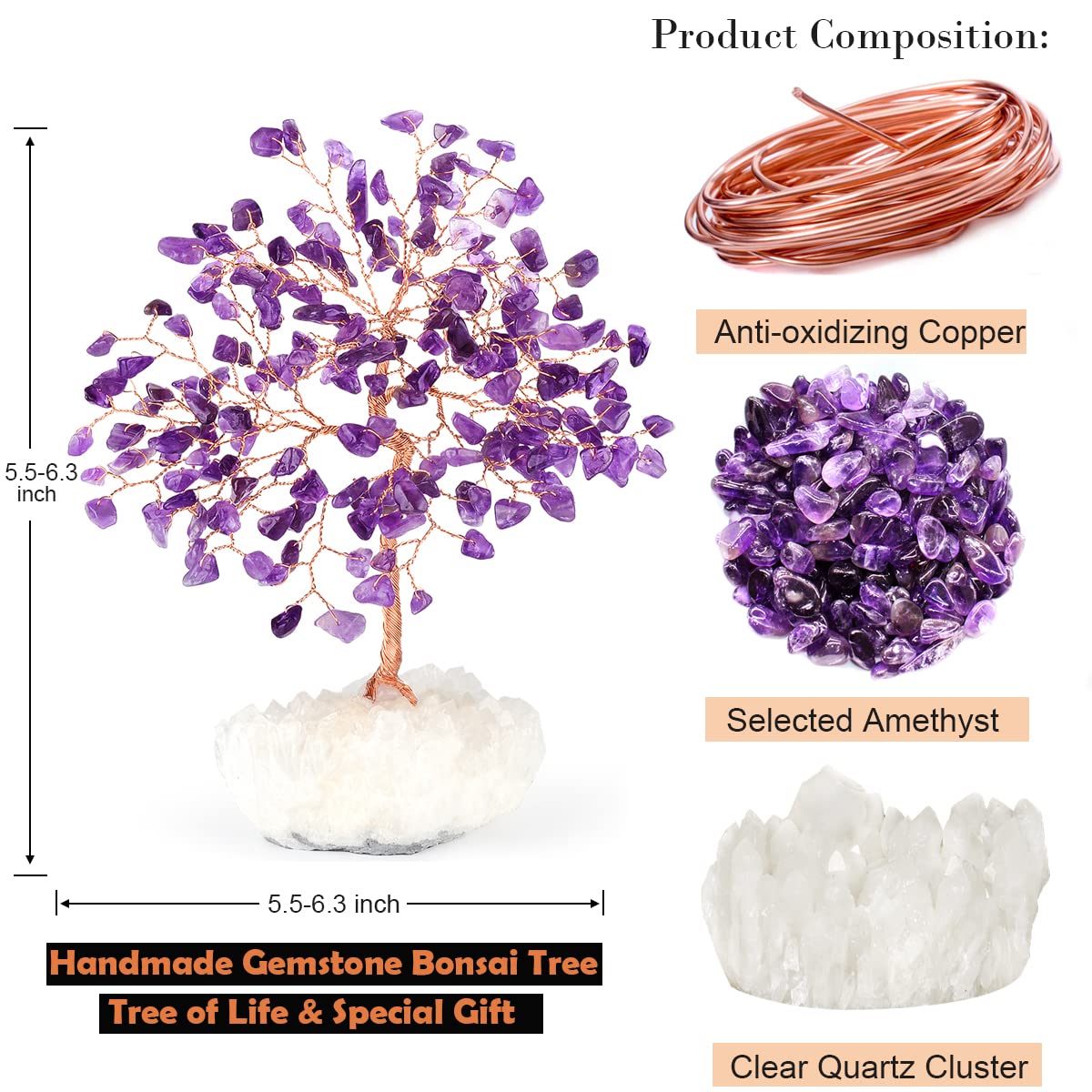 MASGEMES Natural Amethyst Crystal Tree of Life,Clear Quartz Cluster Base,Healing Crystals Positive Energy Gem Money Tree Bonsai,Feng Shui Decor,Spriture Gift Size 5.5"-6.3"