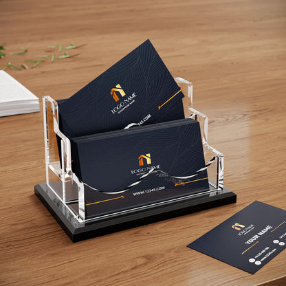 PARTSPOWER Acrylic Business Card Holder for Desk, Horizontal Clear Business Name Card Display, Solid Black Acrylic Base, Desktop Accessory Business Name Card Organizers (2-Slot)