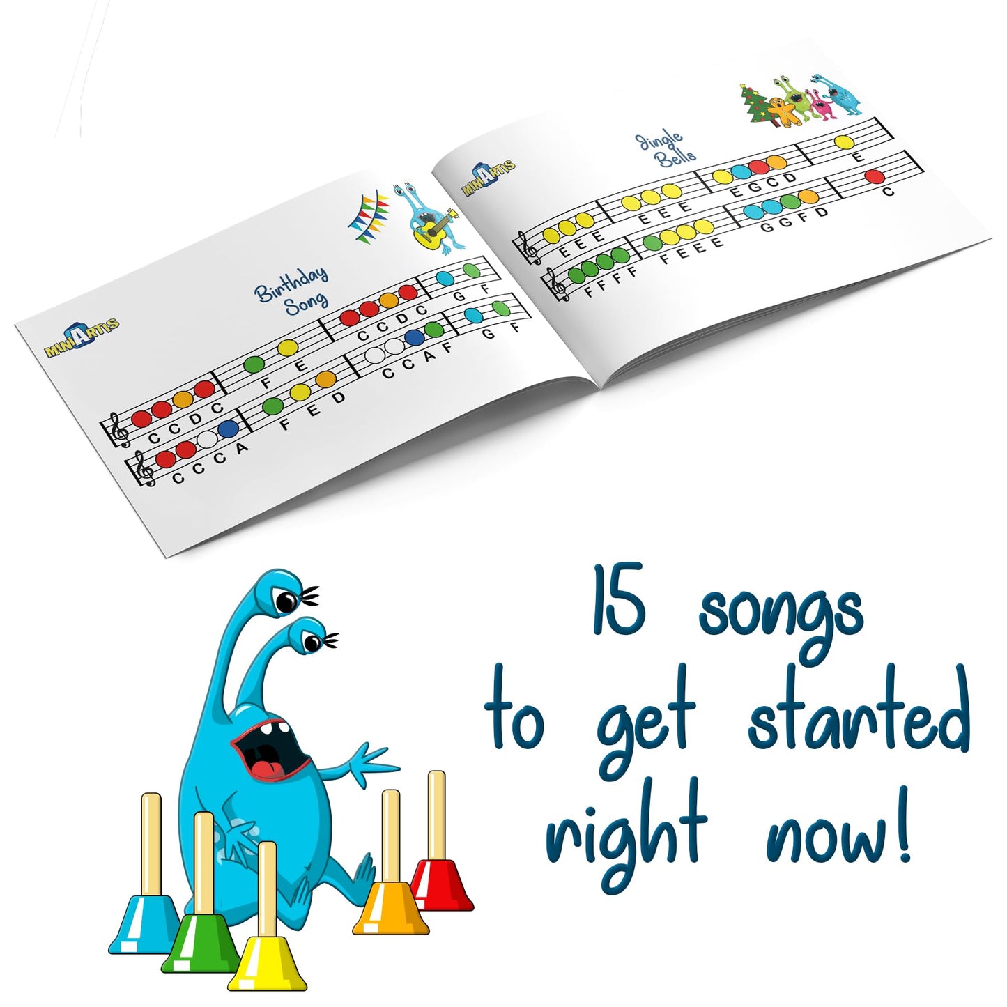MINIARTIS Hand Bells for Kids | Educational Music Toys for Toddlers 8 Notes Colorful Handbells Set | Kids Musical Instrument with 15 Songbook | Great Birthday Gift for Children