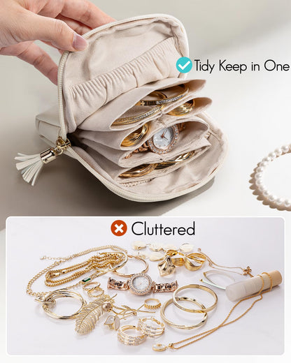 VLANDO Small Travel Jewelry Case,Mothers Day Gifts,Jewelry Pouch Bags with Zipper,Velvet Jewelry Organizer Storage Bag for Bracelet Rings Earring-Cream White