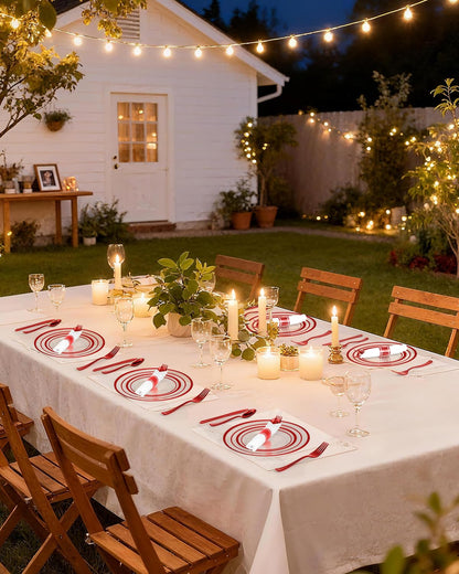 Goodluck 175 Pcs Red Plastic Plates, Clear Plastic Silverware Disposable Plates Set, Include 50 Plates, 25 Pack Pre Rolled Napkins with Silverware, 25 Cups for Party, Christmas, Graduation, Wedding