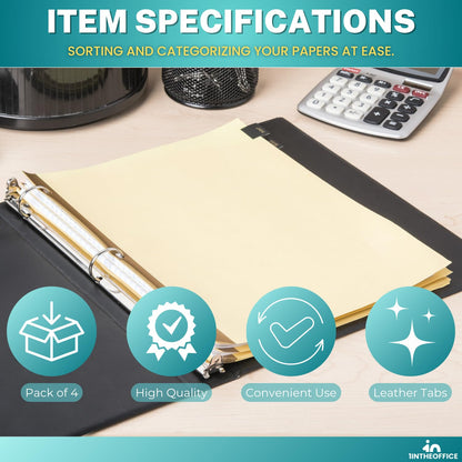 1InTheOffice Monthly Tab Dividers, Month Tabs for 3 Ring Binder, Monthly Leather Dividers, 12-Tab, Black, (4 Pack)