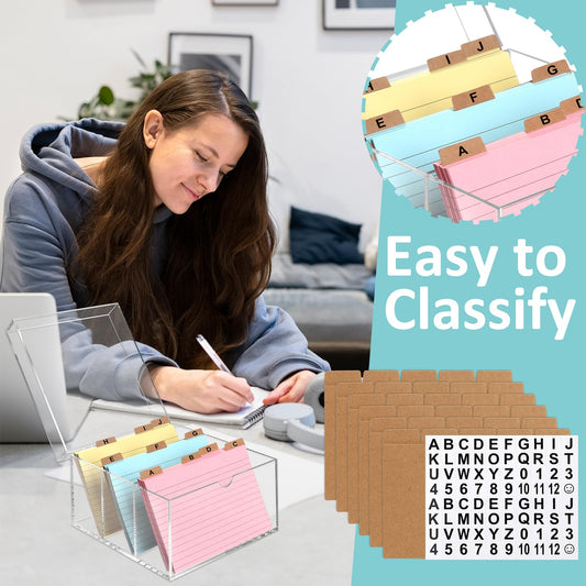 4x6 Index Card Holder Acrylic Index Card Organizer Clear Index Card Box Flash Card Holder with 5 Index Card Dividers Recipe Cards Holder Notecard Storage Box 150 Ruled Cards Stickers For Office Desk