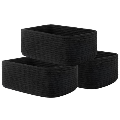 Small Woven Basket, 13.5 x 9.5 x 5 Inches, Storage Basket for Organizing, Cute Small Rope Shelf Closet Cube Storage Bins Baskets for Shelves, Dog Toy Gift Baskets Empty, 3 Packs, Black