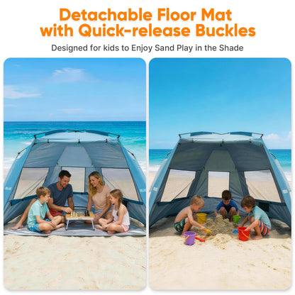 Golabs BT1 Pop up Beach Tent Sun Shelter for 3-Person, 1-Minute Setup by Pre-Attached Pole & UPF 50+, Beach Shade with Detachable Floor Mat, Mesh for Clear View & Airflow, only 7 lbs & Pocket and Hook