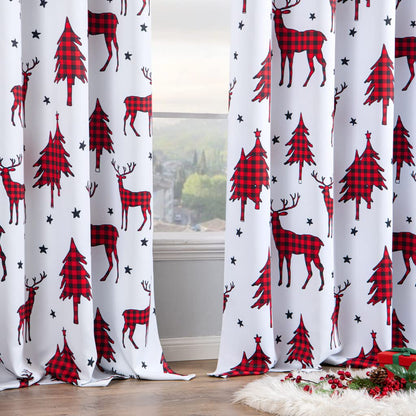 EMEMA Christmas Buffalo Plaid Curtains Reindeer Checkered Grommet Window Curtain Panels for Living Room Bedroom Decorative Window Treatment Curtains, 2 Panels, 52 x 84 Inch, Red and Black
