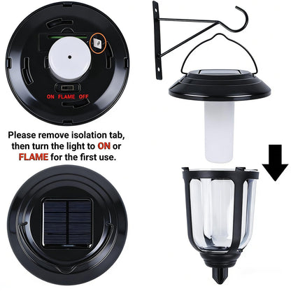 Dynaming 2 Pack Solar Flame Lanterns Outdoor, Hanging Solar Powered Wall Mounted Sconce Lights, Flickering Flame LED Light Auto On/Off, Waterproof for Garage Stair Patio Front Porch Yard