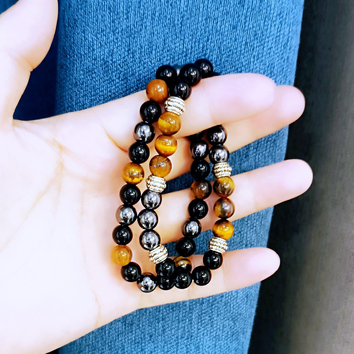 WEFRIN Triple Protection Bracelet for Bring Luck and Prosperity Hematite Black Obsidian Tiger Eye Stone Bracelets for Men Women, Beaded Buddha Healing Rope Uni Bracelet (2pcs) (B)
