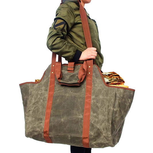 Green Leather Indoor Fireplace Log Holder - Wood Carrier for Firewood Rack & Tote