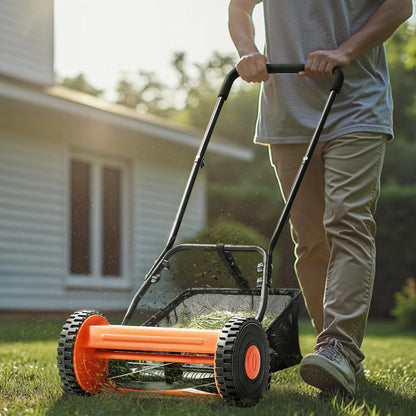 VEVOR Push Reel Lawn Mower 14 inch, 5 Blades Manual Push Mower No Motor, 0.6-1.75 in Adjustable Cutting Height, Walk-Behind Lawn Mowers with Grass Catcher Bag for Green Lawns, Driveways, Courtyards