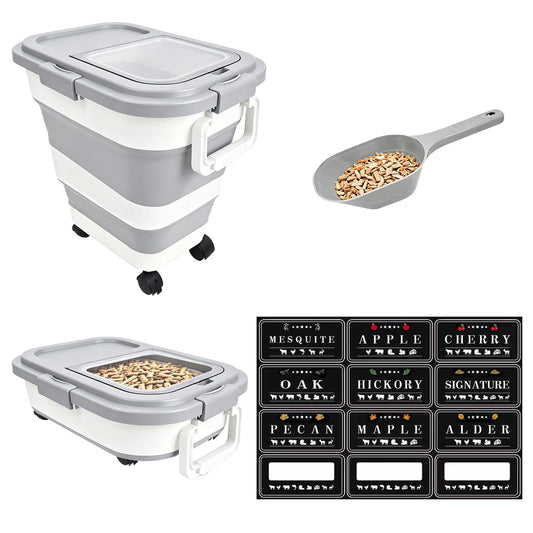 Wood Pellet Storage Containers 35lbs, Collapsible Pellet Storage Bin with Scoop and Label Stickers, Charcoal Storage with Locking Lid Clear Window, Smoker Pellet Storage Pellet Bucket Grill Accessory