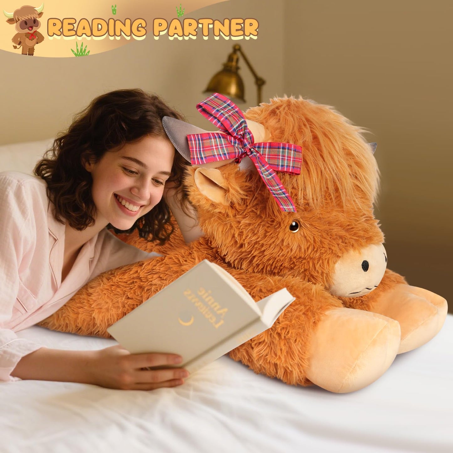 SuzziPals 43 inch Giant Highland Cow Stuffed Animals, Lifelike Big Cow Stuffed Animal for Stress Relief & Companion, Extra Soft Cute Plushies, Huge Emotional Support Plush Toys Gifts for Kids Adults