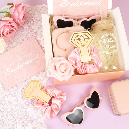 HOMENERGY Bridesmaid Proposal Gifts Set 6 - "Will You Be My Bridesmaid Kit with Elegant Box Jewelry Box Glass Cup Invited Cards Knotted Bracelets Sunglasses Scrunchies Raffia Grass Pink 54 Pcs