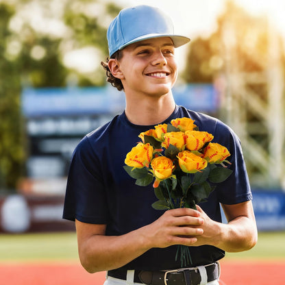 Suncalla 12 Pcs Softball Rose with Leaves Bulk Artificial Fake Roses Decor Sports Flower Gifts for Table Centerpieces Graduation Wedding Gifts Sports Theme Rose Bouquet Party Favors