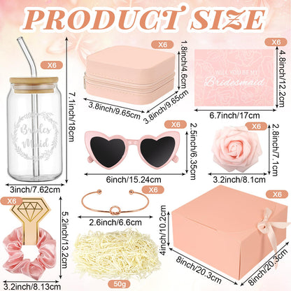 HOMENERGY Bridesmaid Proposal Gifts Set 6 - "Will You Be My Bridesmaid Kit with Elegant Box Jewelry Box Glass Cup Invited Cards Knotted Bracelets Sunglasses Scrunchies Raffia Grass Pink 54 Pcs