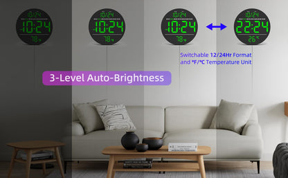 Digital Wall Clock with Large LED Display, Date, Temperature, Auto-Brightness | Small [PLUG-IN] Clock | Modern Electric Wall Clock for Bedroom, Classroom, Living Room, Home, Office, Farmhouse – Green