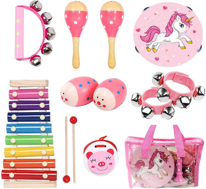 Kids Musical Instruments Sets, 12pcs Wooden Percussion Instruments Toys Tambourine Xylophone for Kids Playing Preschool Education, Early Learning Musical Toys for Boys Girls Chrismas Thanksgiving Gift