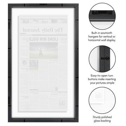 Americanflat 15x26 Newspaper Frame with Shatter-Resistant Glass - Use as 11x22 Newspaper Frame - Signature Float Collection - Engineered Wood Molding - Floating Frames for Wall Display - Black