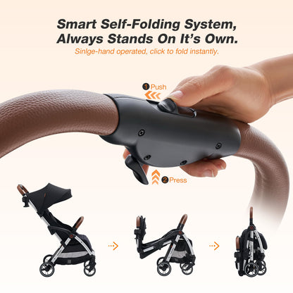 Babideal Lightweight Travel Stroller for Baby, Self-Folding Toddler Stroller with Large Canopy, Full-Reclining Seat, Cup Holder Included - Newborn to 50lbs. (Black)