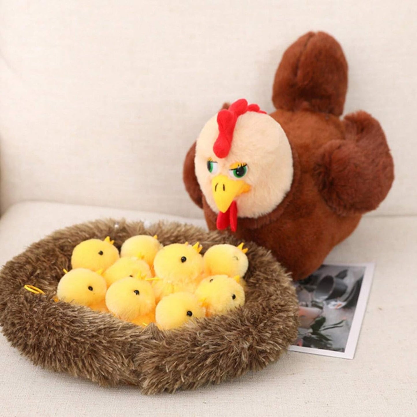 unsnurnoch 12PS Chicken Stuffed Animal 11.8", Mother Hen with 10 Baby Chicks and Nest, Interactive Farm Animal Plush Toy for Kids and Collectors, Creative Easter Birthday