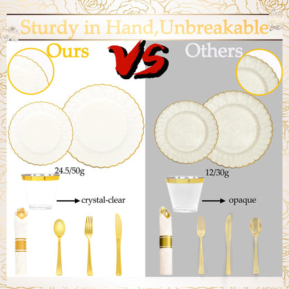 210 Pcs Ivory Scalloped Plastic Dinnerware for 30 Guests,Cream Gold Scalloped Disposable Plastic Plates Including 30 Dinner&Dessert Plates,Cups,Silverware for Party,Wedding