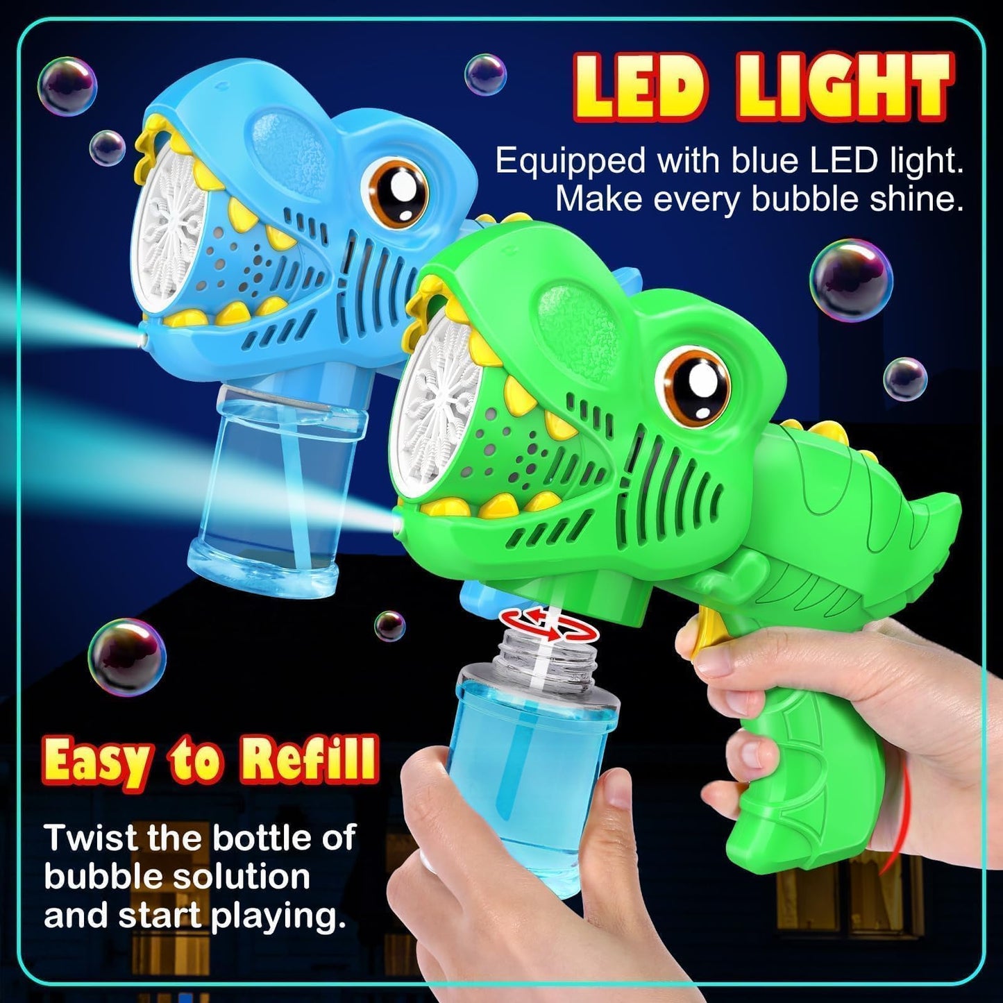 Kids Bubble Gun 2 Pack Dino Bubble Machine Gun for Toddlers with 4 Solutions Outdoor Toys Automatic 13-Hole Bubbles for Kids Blower Maker Easter Basket Stuffers Valentines Gift Party for Boys Girls