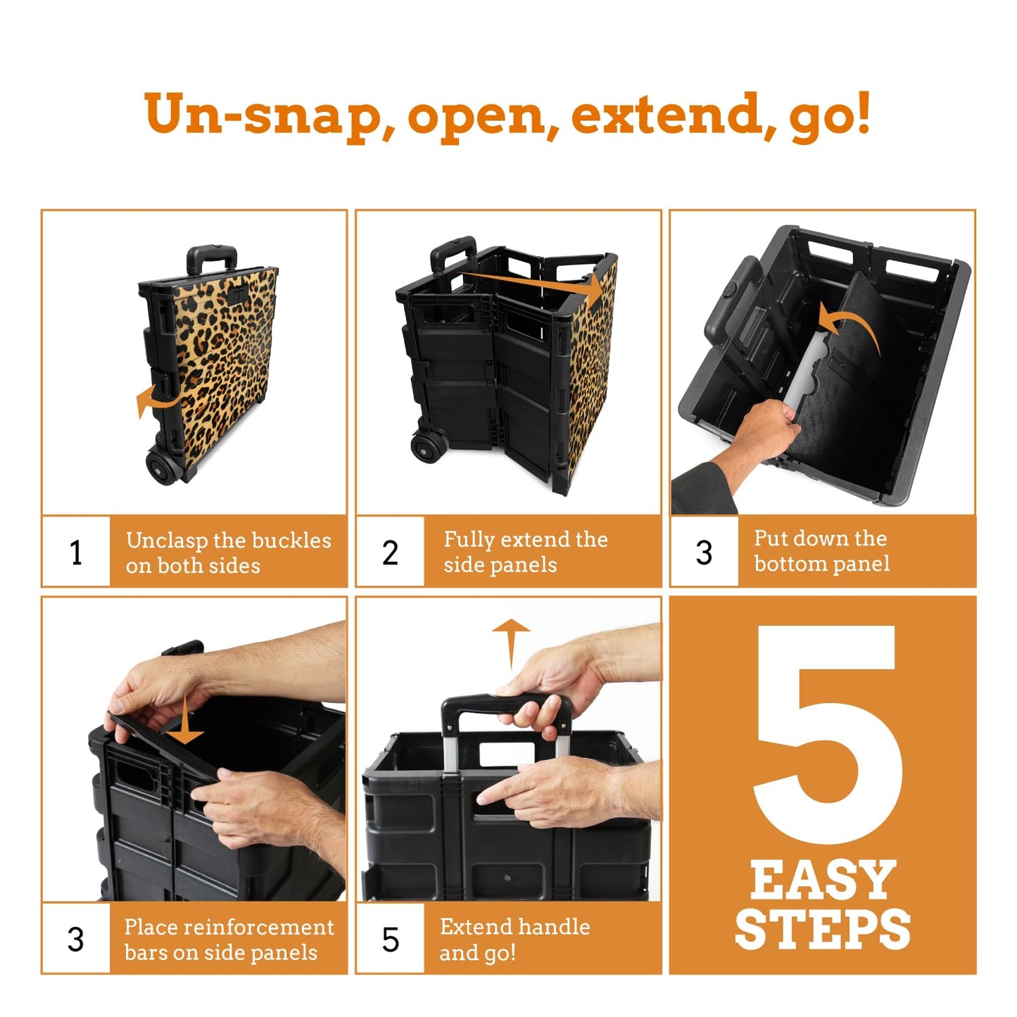 Inspired Living Ultra-Slim Rolling Collapsible Storage Pack-N-Roll Utility-carts, with Telescopic Handle, for Home, Garden, Shopping, Office, School use, Large, Leopard
