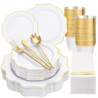WDF 175Pcs Gold Plates Disposable - White and Gold Plastic Plates 25guest Plastic Dinnerware Ideal for Party/Wedding/First Communion/Spring/Mother's Day