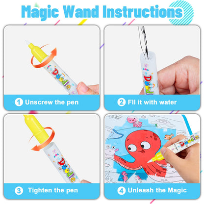 AIR BLOW Reusable Water Coloring Book for Kids, Magic Water Painting Books Toddler Travel Toys, Mess-Free Educational Activity Set, 3 Books with 3 Pens, Animal Ocean Transportation Daily Life YW1