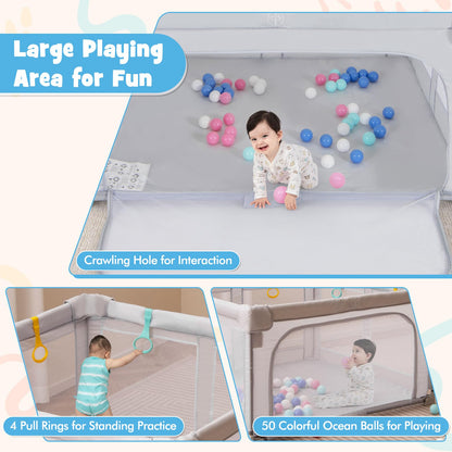 Costzon Foldable Playpen for Babies, 59''x59'' Portable Baby Play Pen with 50 PCS Ocean Balls, 4 Handles, Carry Bag, Visible Mesh, Kids Activity Center with Gates, Indoor & Outdoor Baby Gate Play Pen